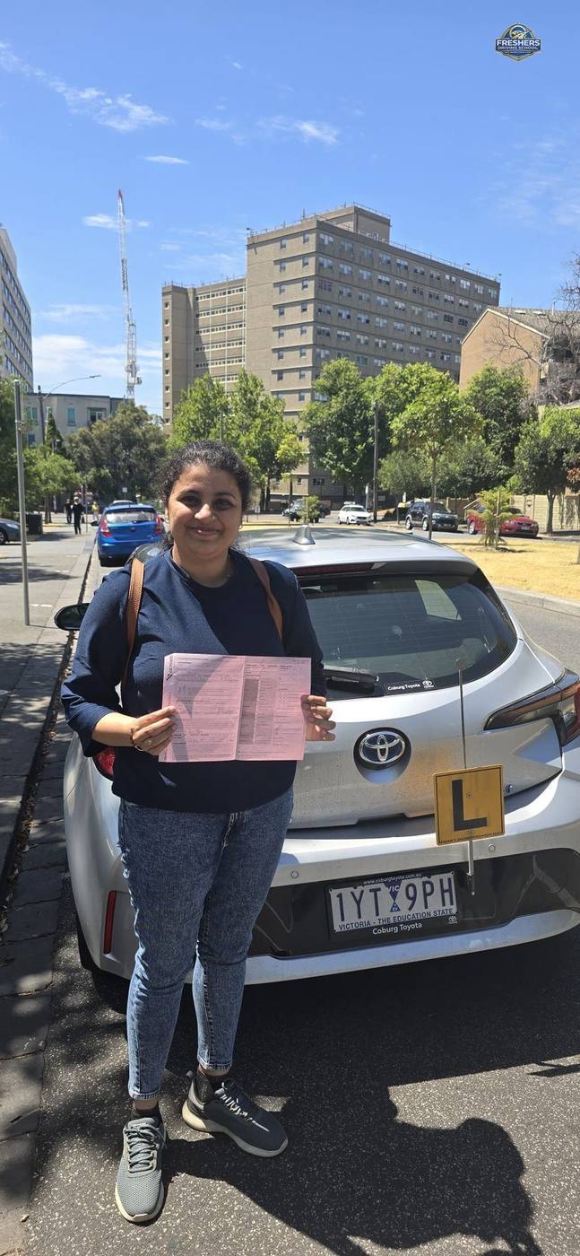 Freshers Driving School Melbourne — student celebrates VicRoads drive test pass